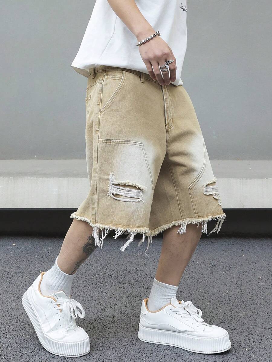 Men's Pocket Distressed Raw Hem Loose Fit Jorts