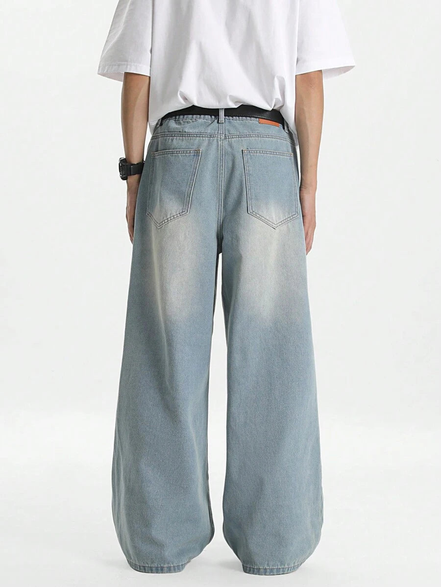 Men's Light Blue Vintage Washed Loose Straight Leg Jeans