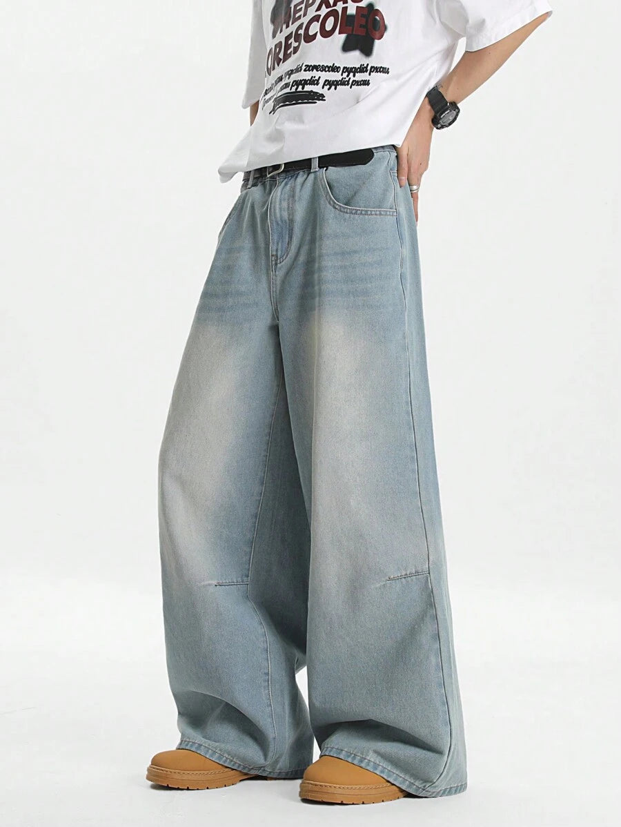 Men's Light Blue Vintage Washed Loose Straight Leg Jeans