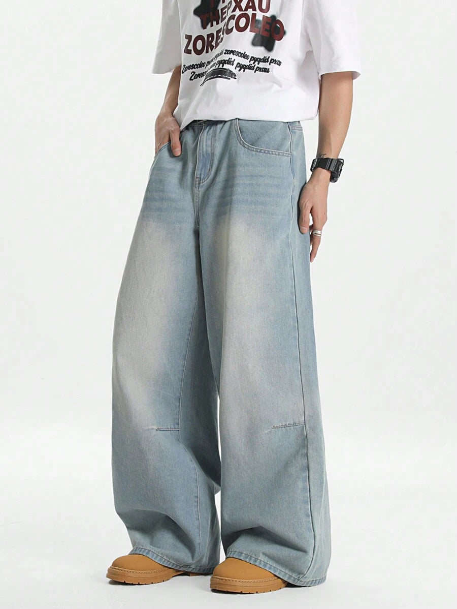 Men's Light Blue Vintage Washed Loose Straight Leg Jeans