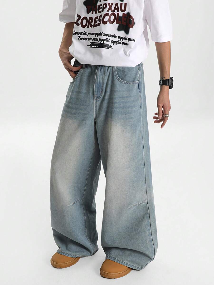 Men's Light Blue Vintage Washed Loose Straight Leg Jeans