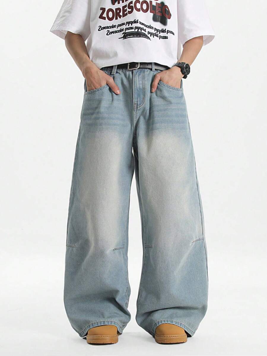 Men's Light Blue Vintage Washed Loose Straight Leg Jeans
