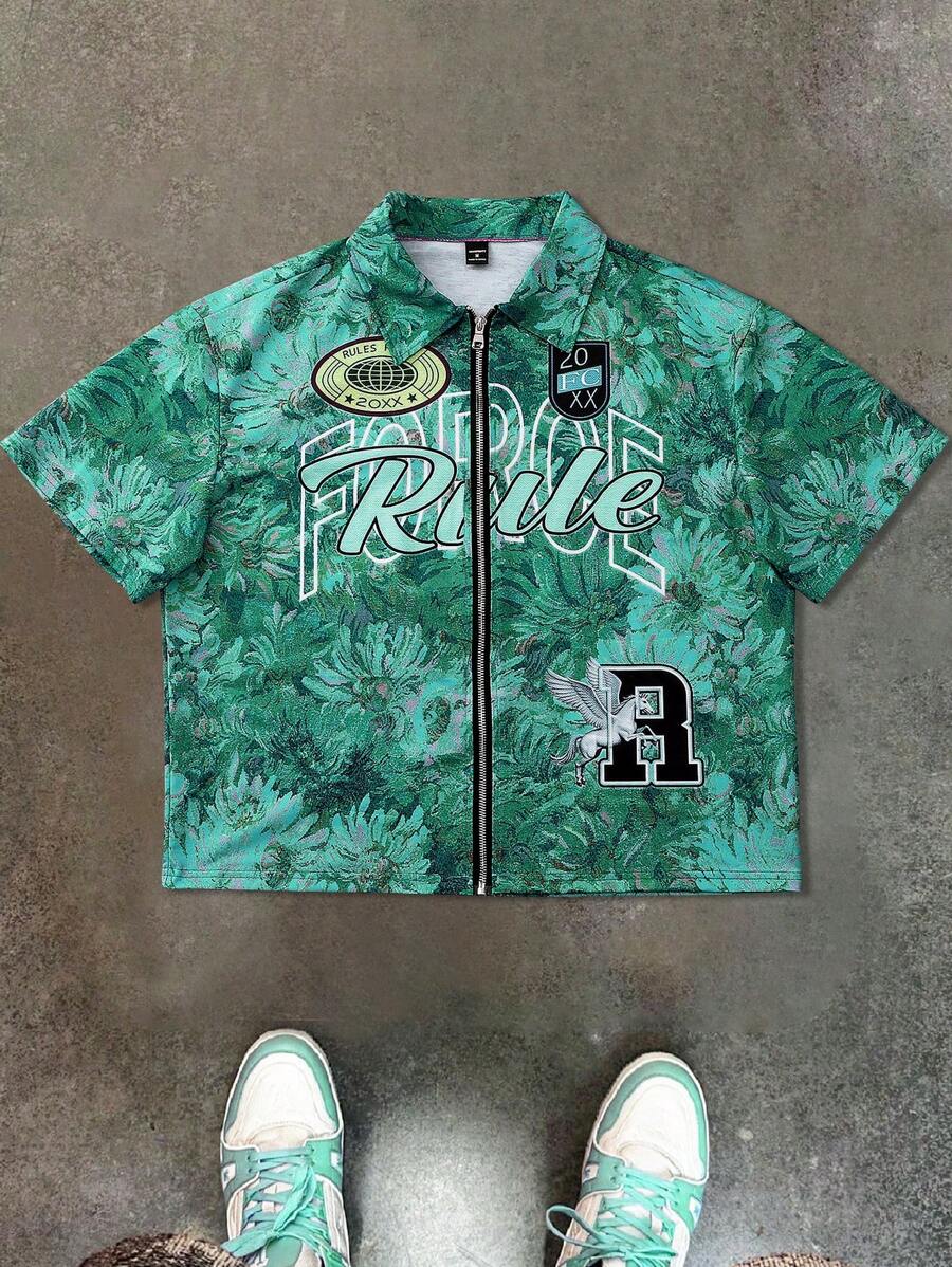 Men's Oil Painting Sunflower Print Pegasus Print Zip-Up Shirt ,