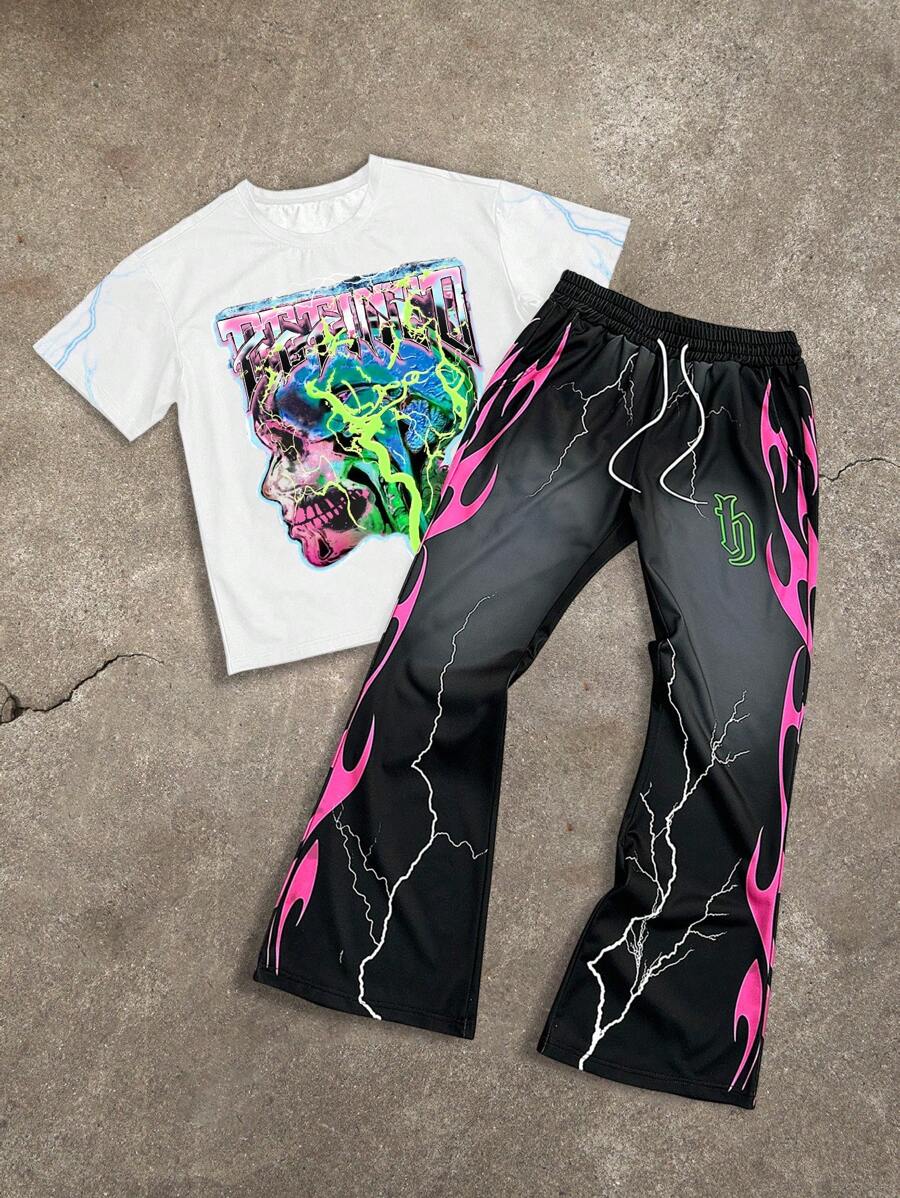2pcs/Set Men Print Crew Neck Short Sleeve Top And Long Pants Sets