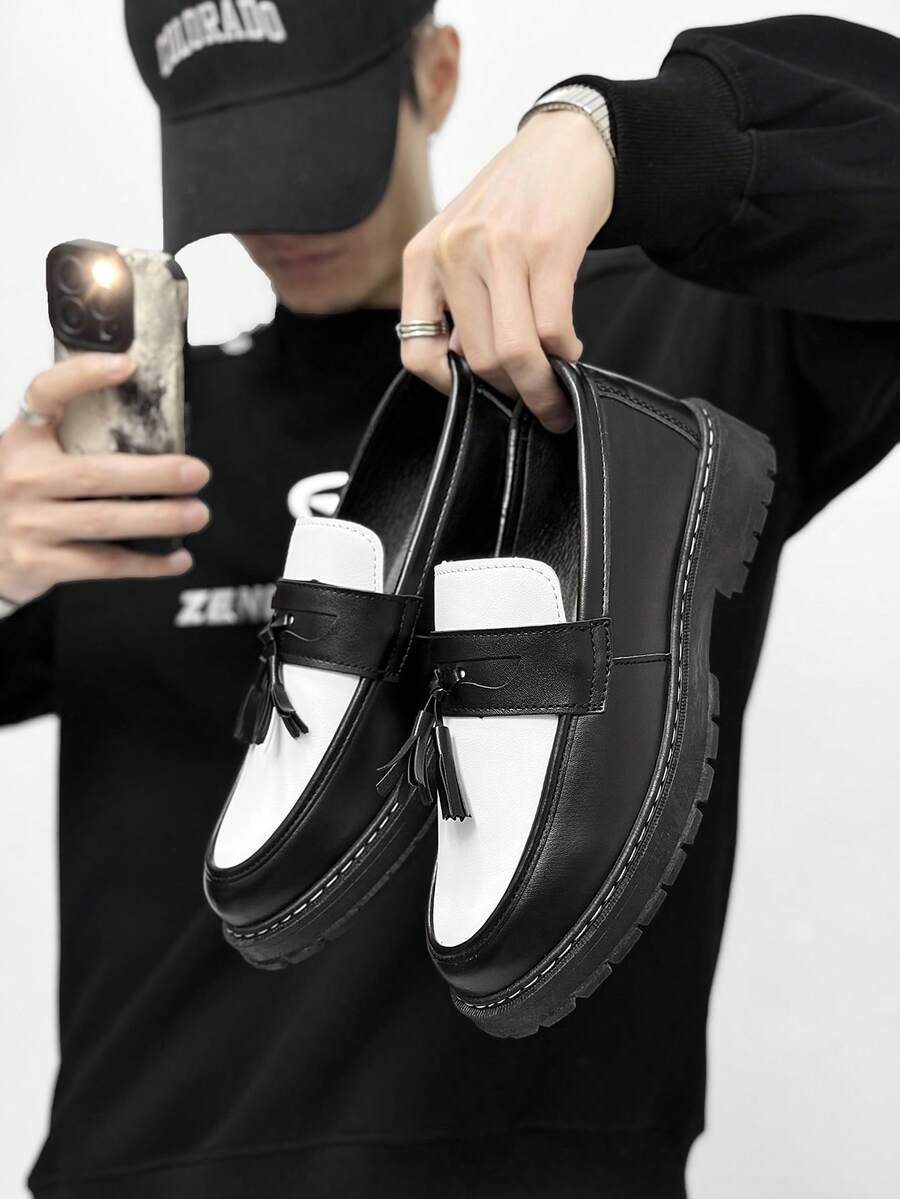 Men's Casual Thick Sole Slip-On Dress Shoes - Solid Black Elevator Dress Shoes, Durable Student Flat, Simple Retro Lightweight Work/Casual Dress Shoes