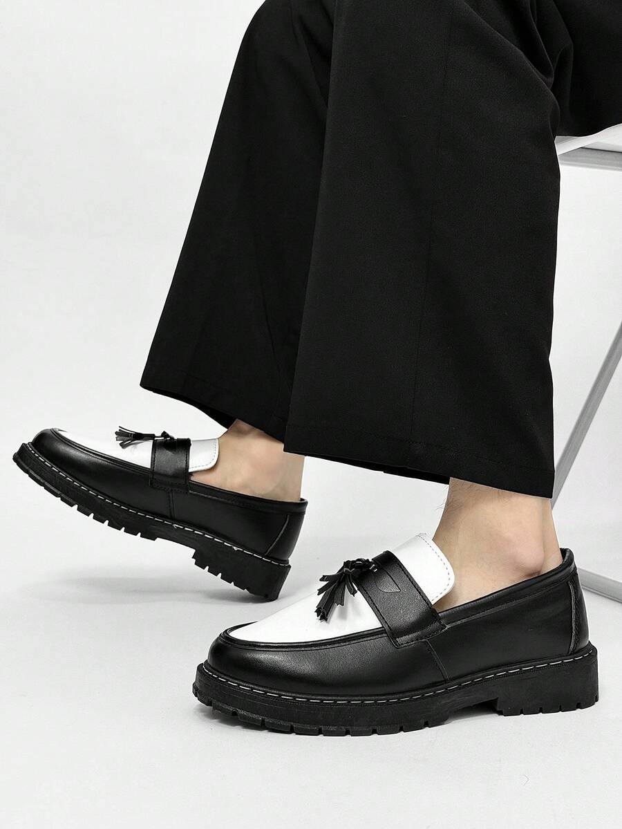 Men's Casual Thick Sole Slip-On Dress Shoes - Solid Black Elevator Dress Shoes, Durable Student Flat, Simple Retro Lightweight Work/Casual Dress Shoes