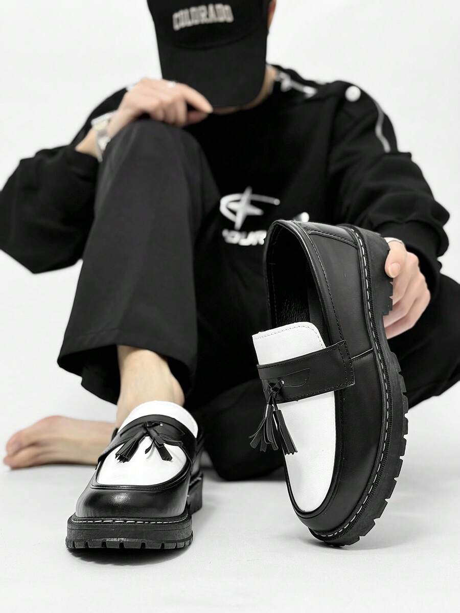 Men's Casual Thick Sole Slip-On Dress Shoes - Solid Black Elevator Dress Shoes, Durable Student Flat, Simple Retro Lightweight Work/Casual Dress Shoes