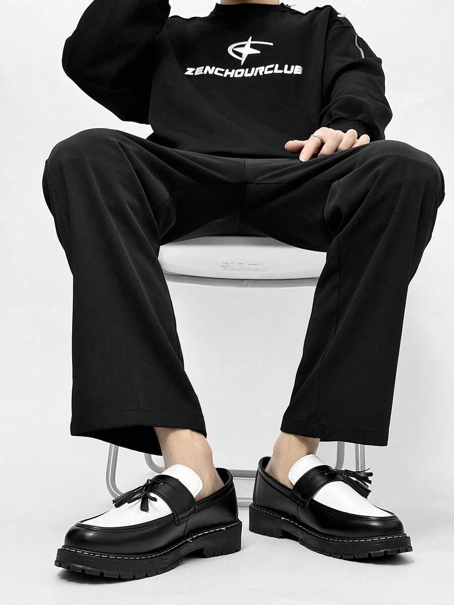 Men's Casual Thick Sole Slip-On Dress Shoes - Solid Black Elevator Dress Shoes, Durable Student Flat, Simple Retro Lightweight Work/Casual Dress Shoes