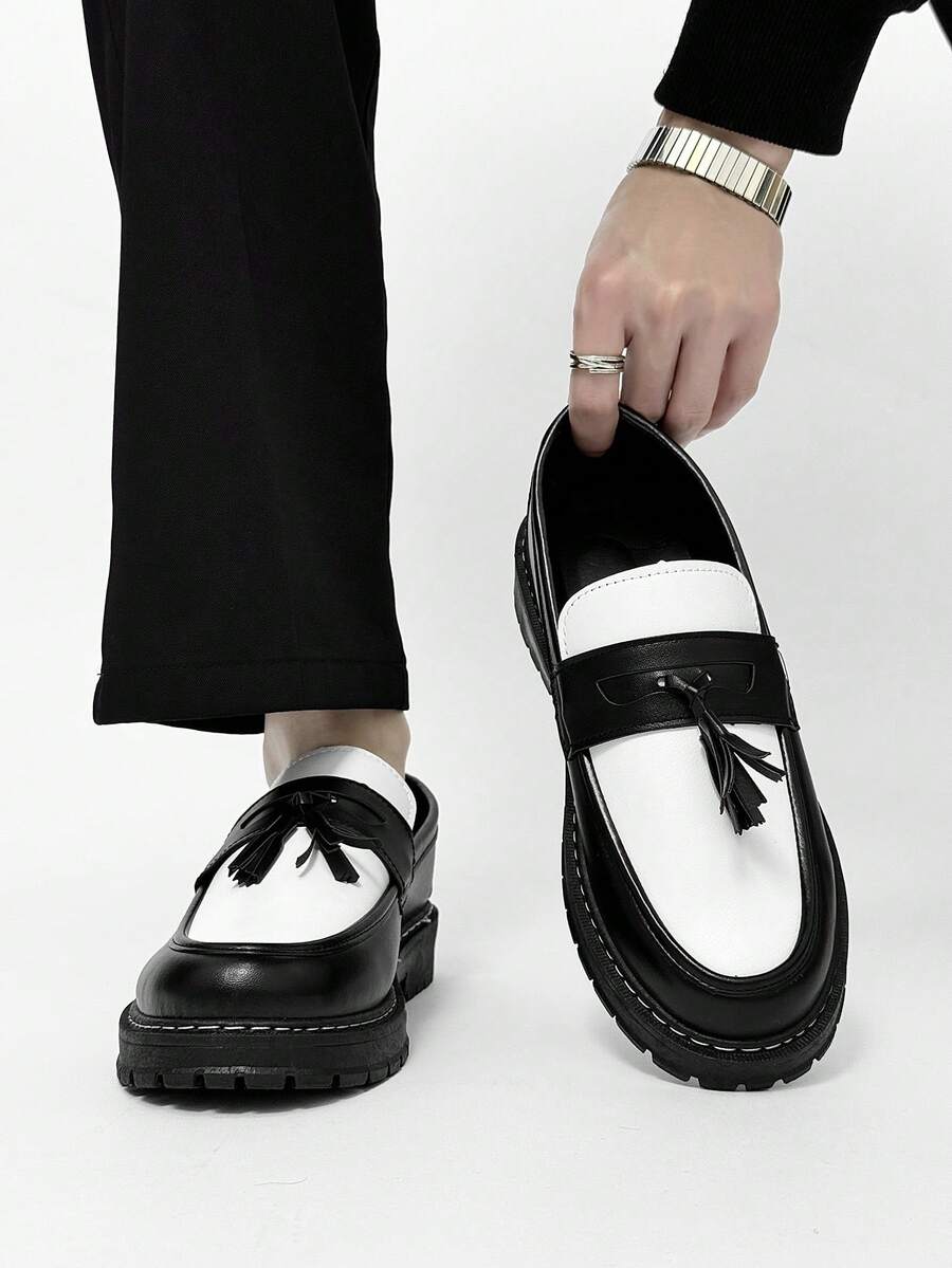 Men's Casual Thick Sole Slip-On Dress Shoes - Solid Black Elevator Dress Shoes, Durable Student Flat, Simple Retro Lightweight Work/Casual Dress Shoes
