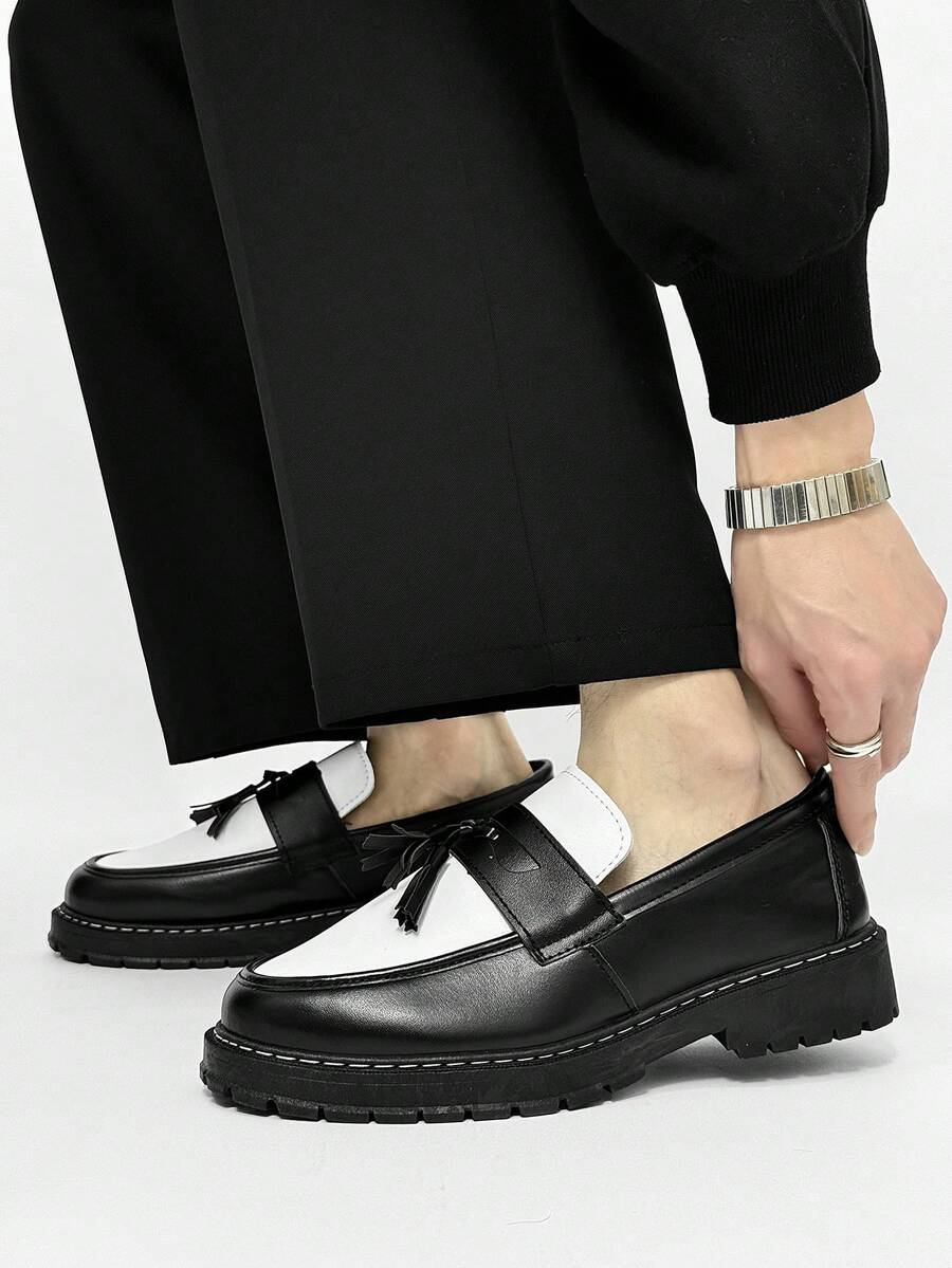 Men's Casual Thick Sole Slip-On Dress Shoes - Solid Black Elevator Dress Shoes, Durable Student Flat, Simple Retro Lightweight Work/Casual Dress Shoes