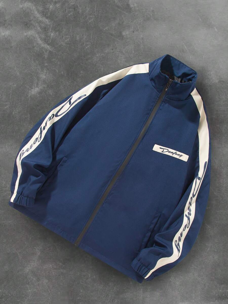 Men's Letter Print Contrast Color Long Sleeve Frog Button Jacket