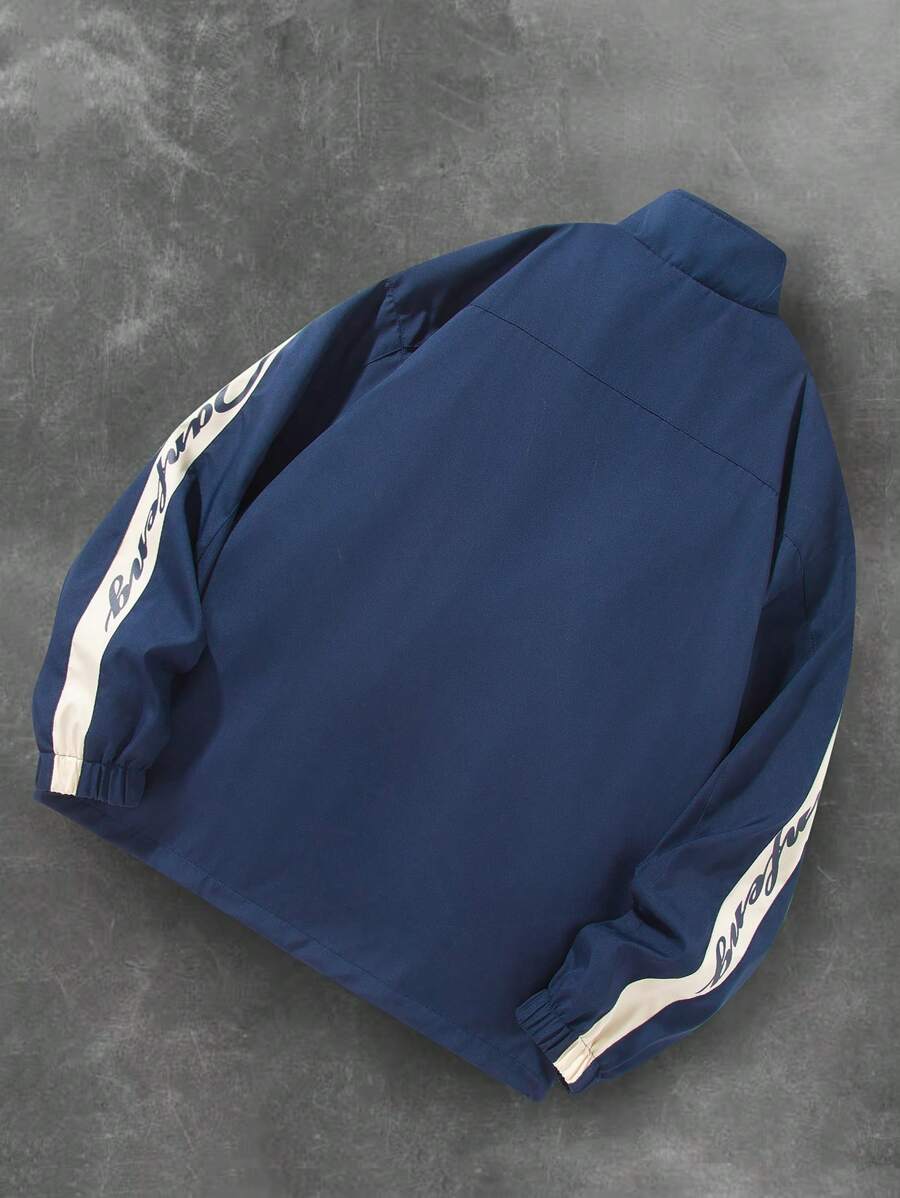 Men's Letter Print Contrast Color Long Sleeve Frog Button Jacket