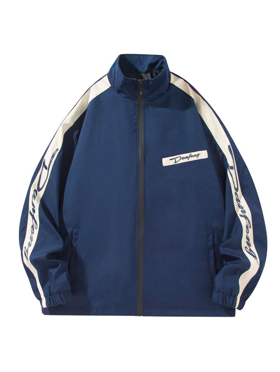 Men's Letter Print Contrast Color Long Sleeve Frog Button Jacket