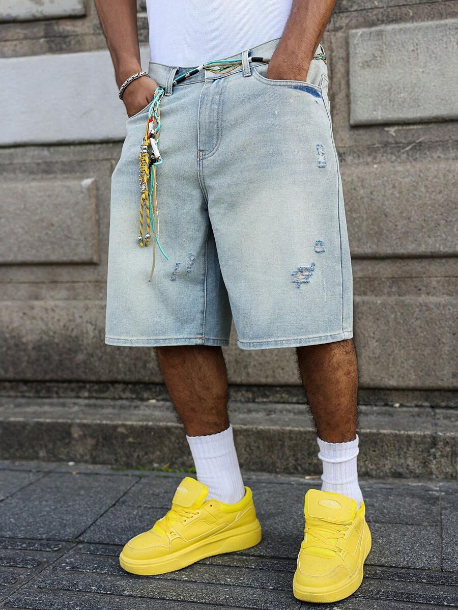 Men's Faded Light Blue Washed Loose Fit Vintage Casual Denim Jorts