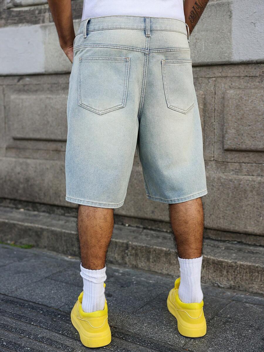 Men's Faded Light Blue Washed Loose Fit Vintage Casual Denim Jorts