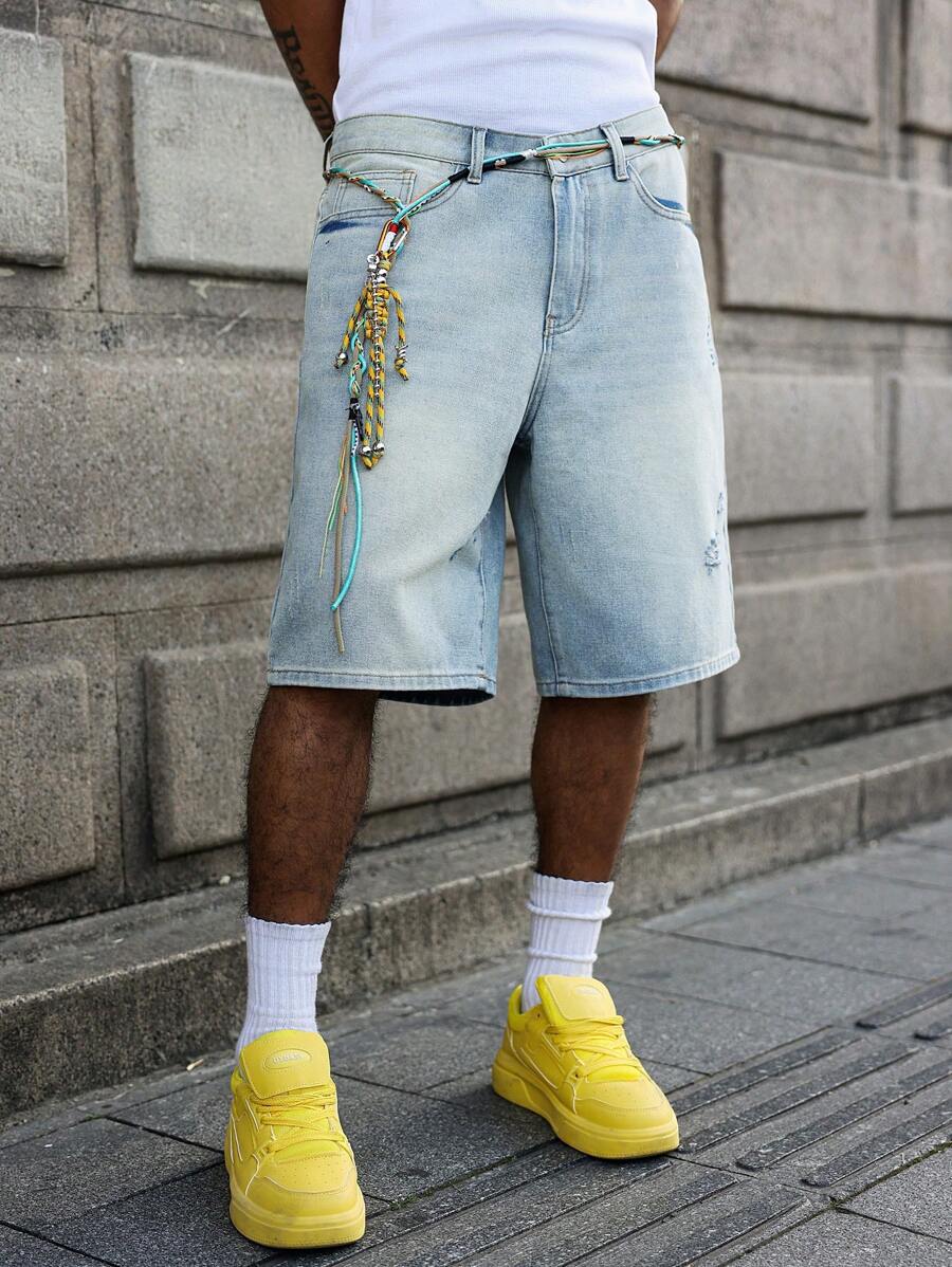 Men's Faded Light Blue Washed Loose Fit Vintage Casual Denim Jorts