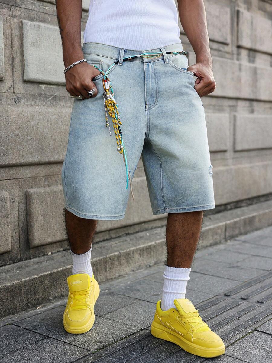 Men's Faded Light Blue Washed Loose Fit Vintage Casual Denim Jorts
