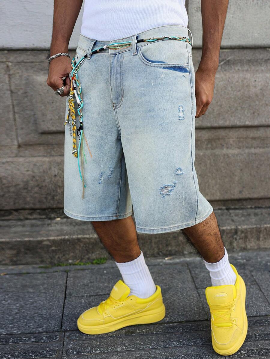 Men's Faded Light Blue Washed Loose Fit Vintage Casual Denim Jorts