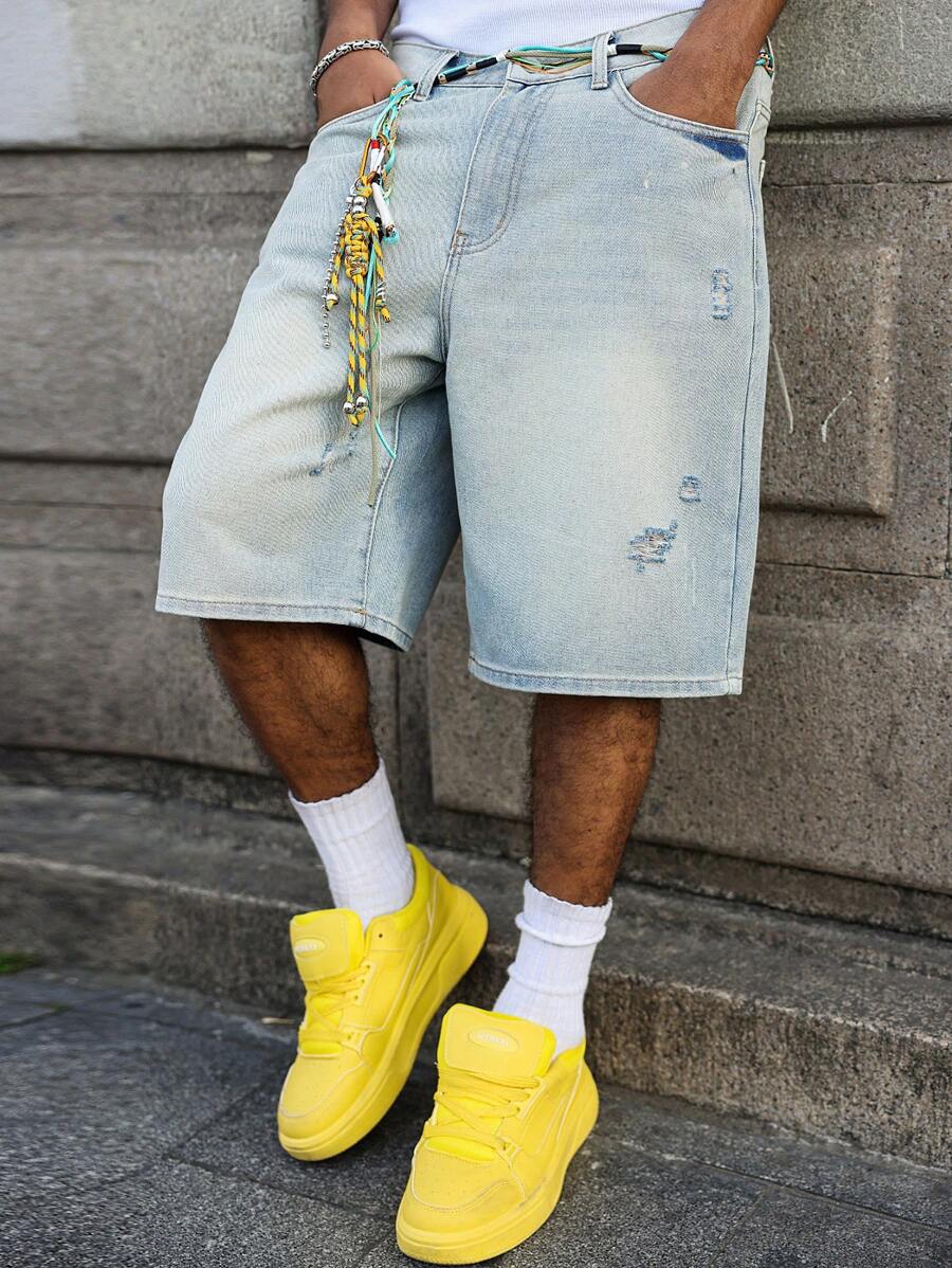 Men's Faded Light Blue Washed Loose Fit Vintage Casual Denim Jorts