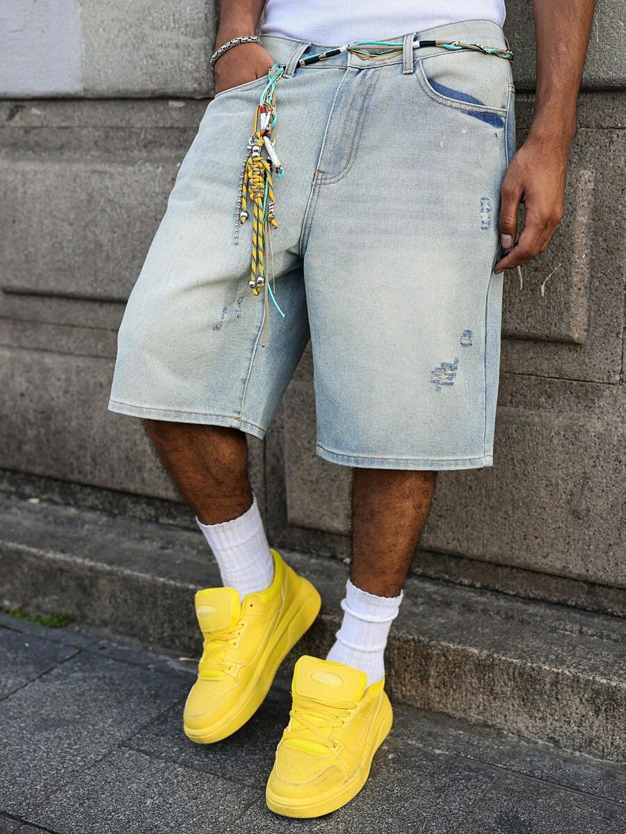 Men's Faded Light Blue Washed Loose Fit Vintage Casual Denim Jorts