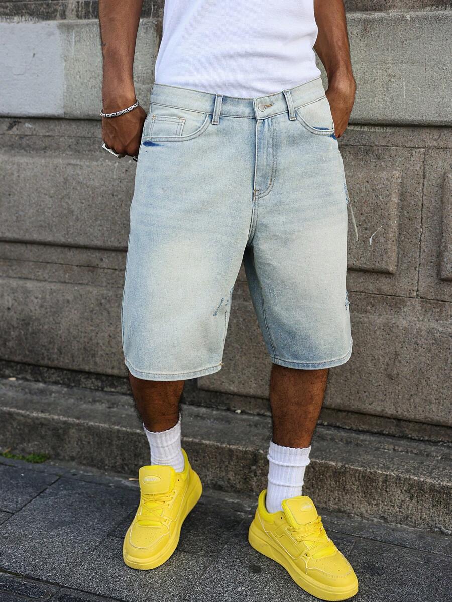 Men's Faded Light Blue Washed Loose Fit Vintage Casual Denim Jorts