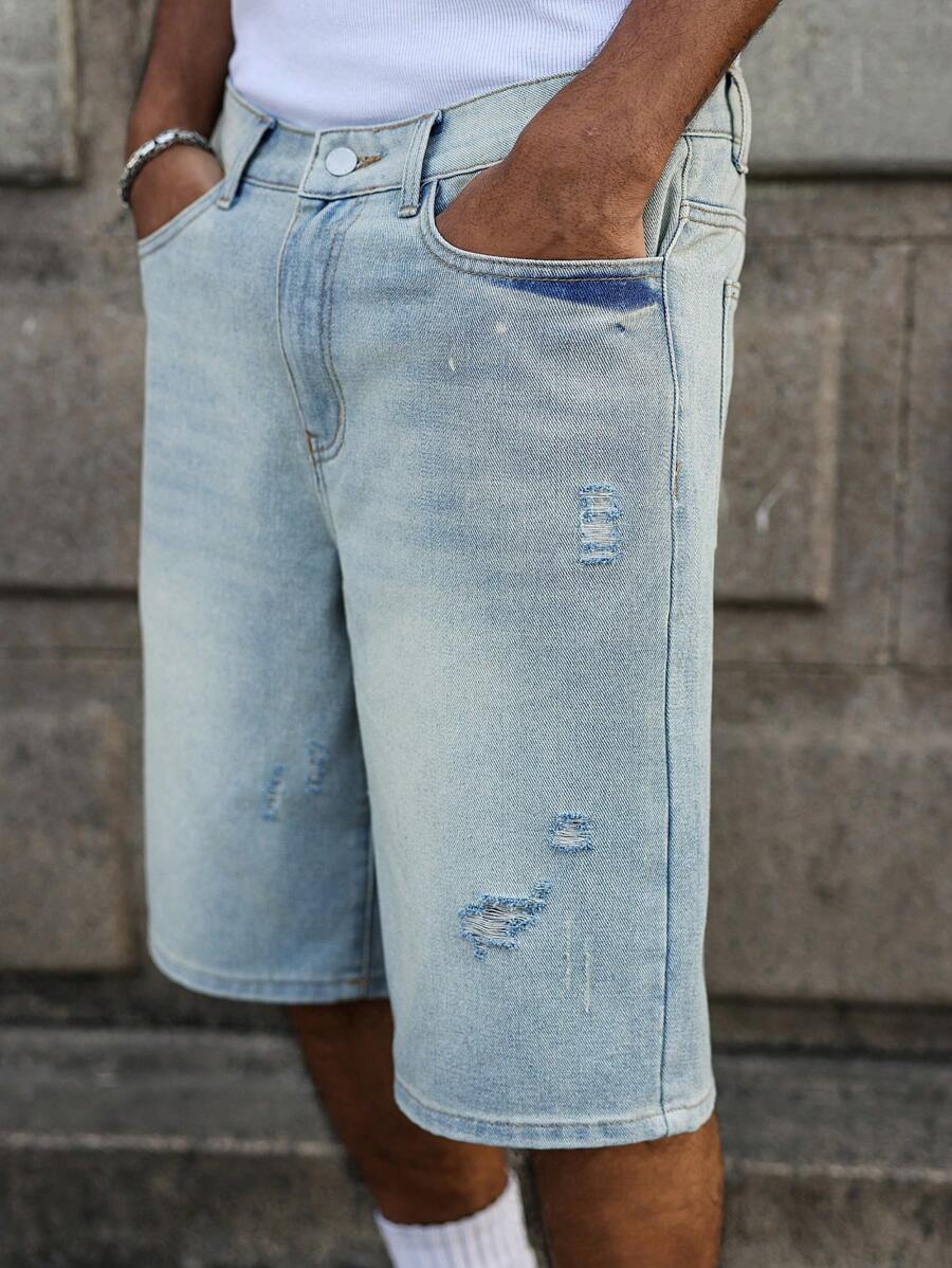 Men's Faded Light Blue Washed Loose Fit Vintage Casual Denim Jorts