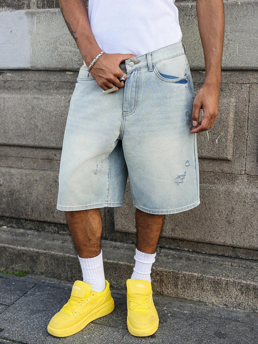 Men's Faded Light Blue Washed Loose Fit Vintage Casual Denim Jorts