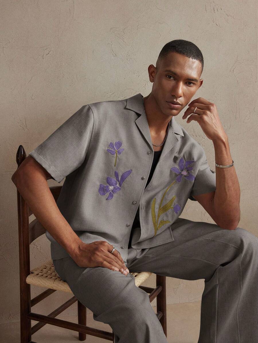 Business Casual Woven Floral Embroidered Drop Shoulder Shirt