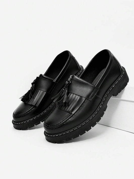 Men's Casual Thick Sole Slip-On Solid Black Leather Loafers
