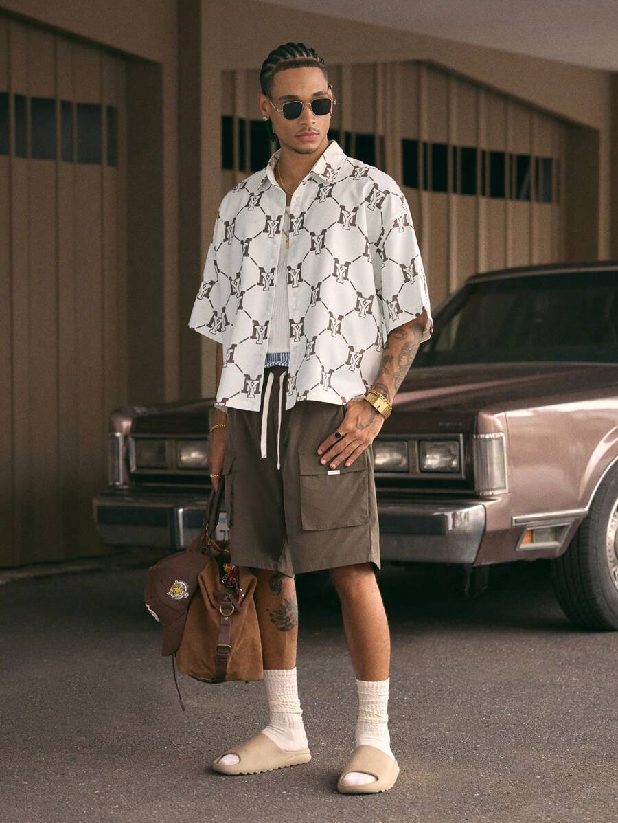 Men's Printed Polo Collar Loose Fit Short Sleeve Shirt With Tie Waist And Shorts Set