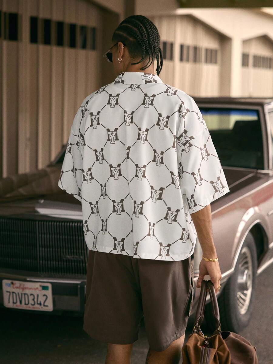 Men's Printed Polo Collar Loose Fit Short Sleeve Shirt With Tie Waist And Shorts Set