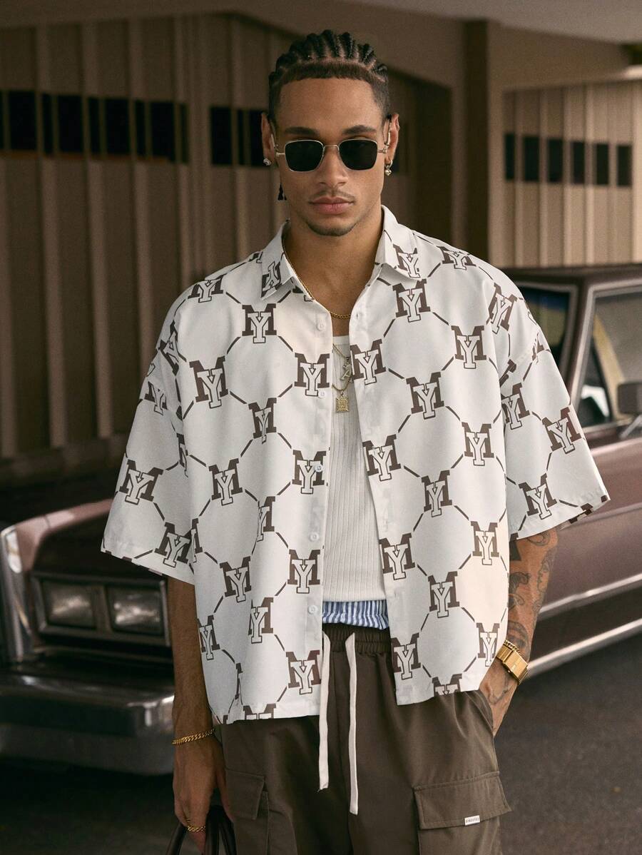 Men's Printed Polo Collar Loose Fit Short Sleeve Shirt With Tie Waist And Shorts Set