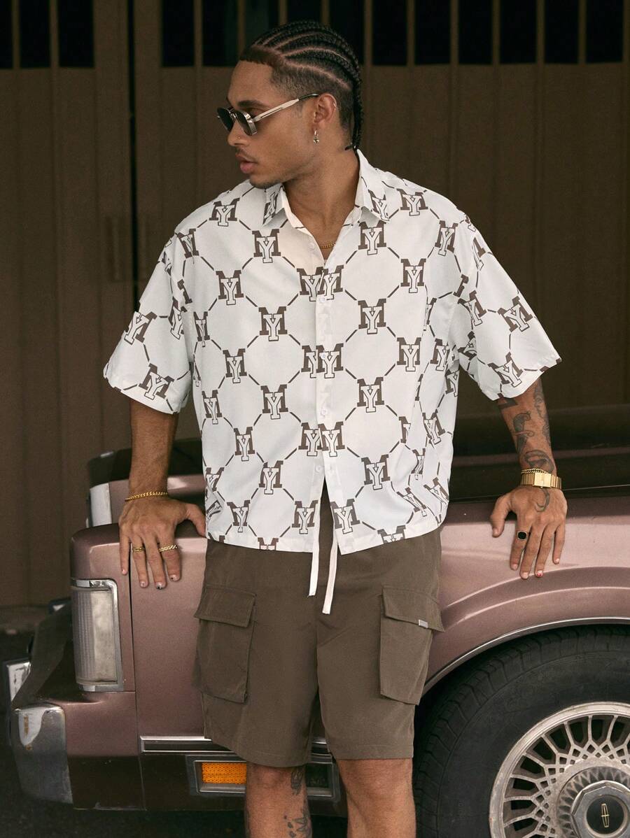 Men's Printed Polo Collar Loose Fit Short Sleeve Shirt With Tie Waist And Shorts Set