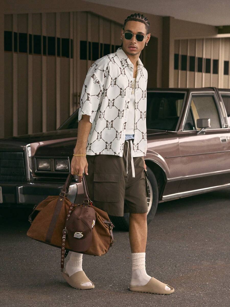 Men's Printed Polo Collar Loose Fit Short Sleeve Shirt With Tie Waist And Shorts Set
