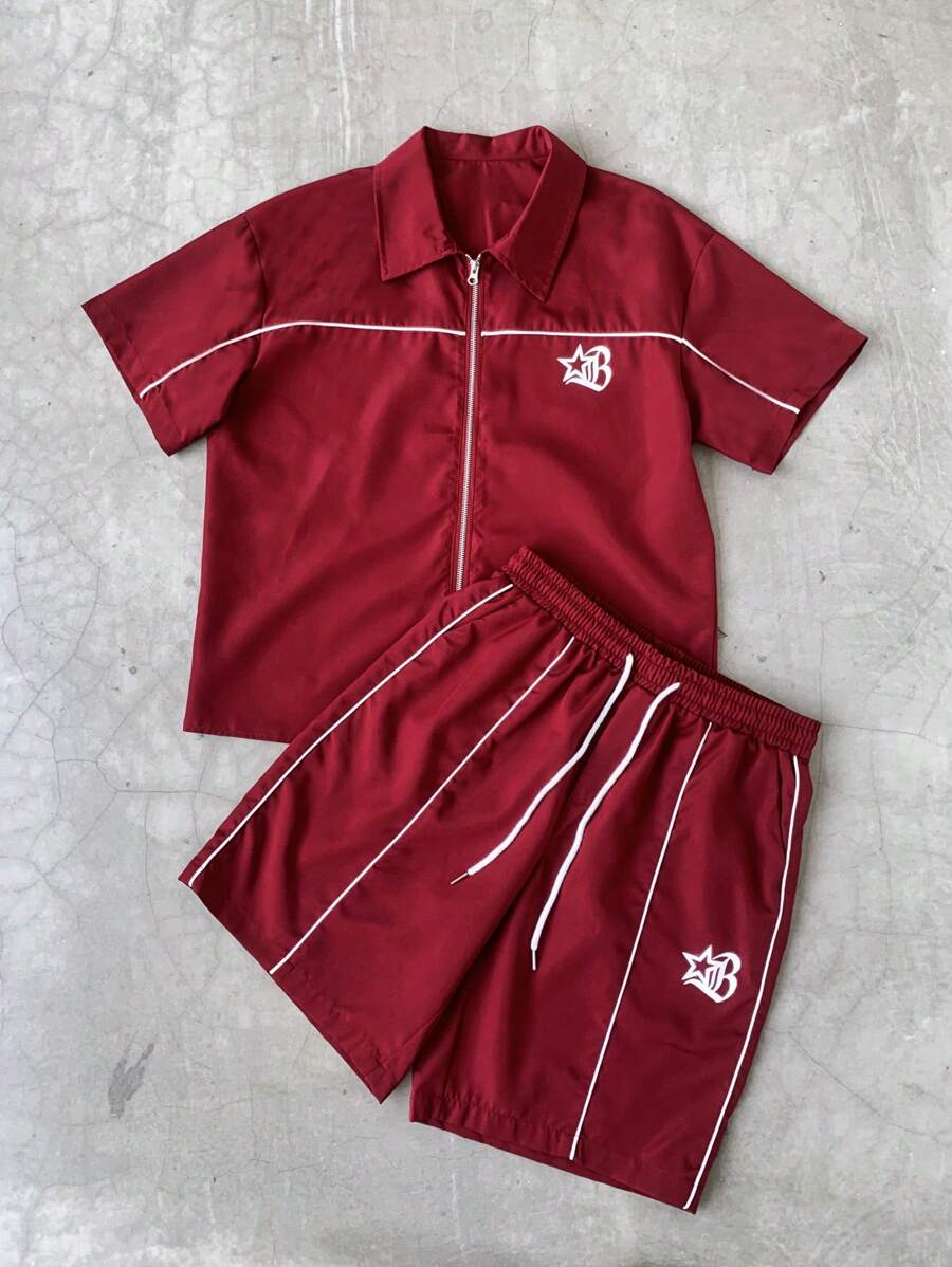 Men's 2pcs Zipper Short Sleeve Shirt And Drawstring Shorts Set