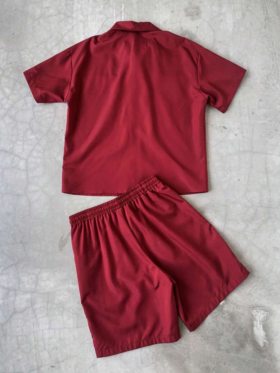 Men's 2pcs Zipper Short Sleeve Shirt And Drawstring Shorts Set