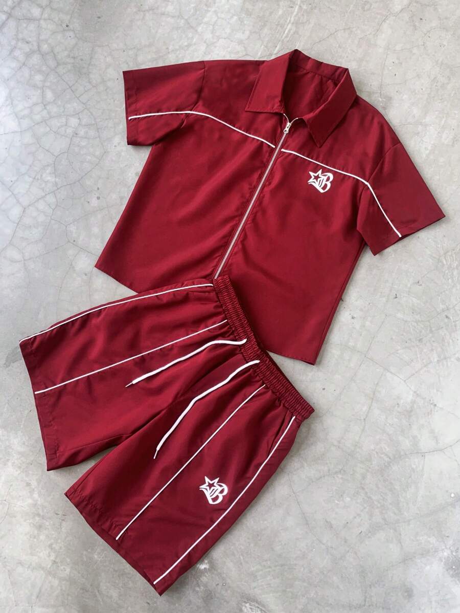 Men's 2pcs Zipper Short Sleeve Shirt And Drawstring Shorts Set