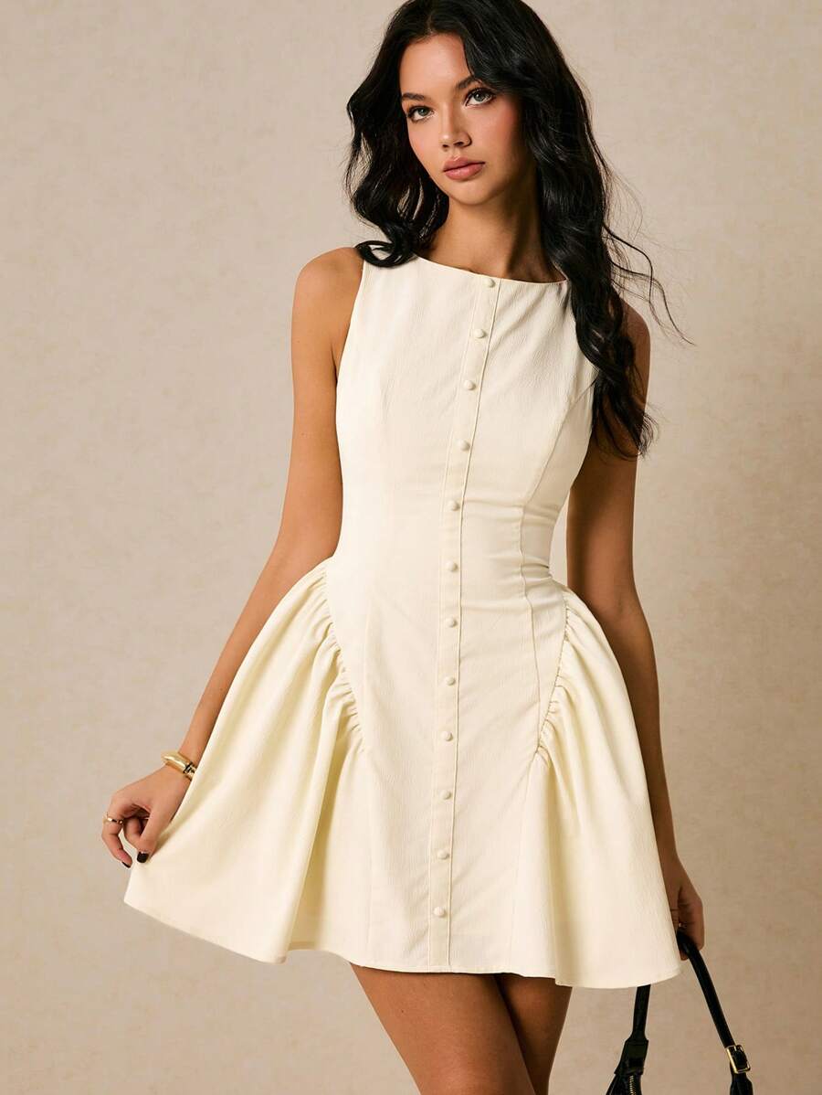 Women Sleeveless Solid Color Mini Dress