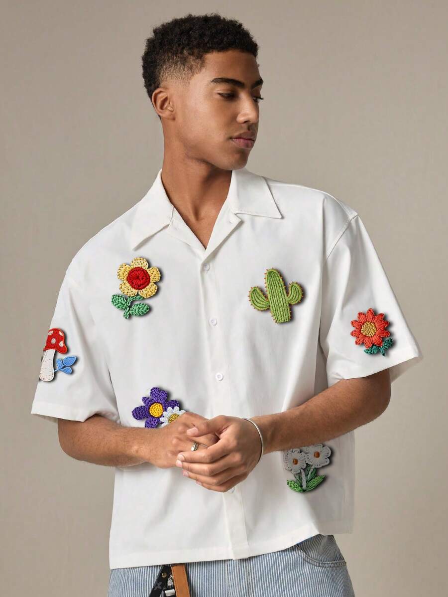 Men's 3D Floral Decor Casual Short Sleeve White Shirt