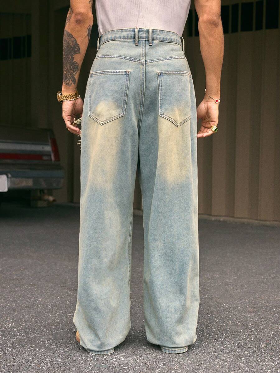 Fashionable Straight Loose Fit Patchwork Frayed Hem Men's Baggy Denim Jeans, Streetwear Style