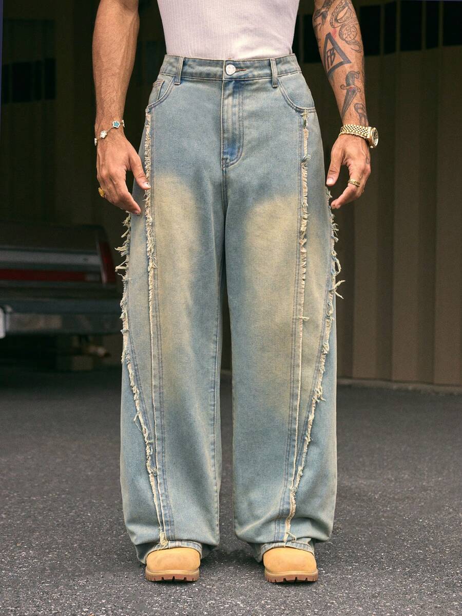 Fashionable Straight Loose Fit Patchwork Frayed Hem Men's Baggy Denim Jeans, Streetwear Style