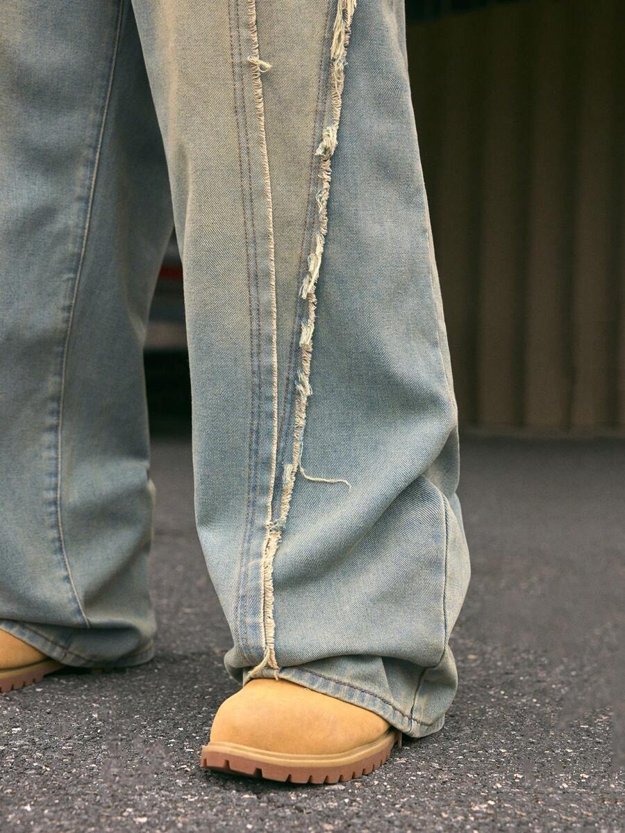 Fashionable Straight Loose Fit Patchwork Frayed Hem Men's Baggy Denim Jeans, Streetwear Style