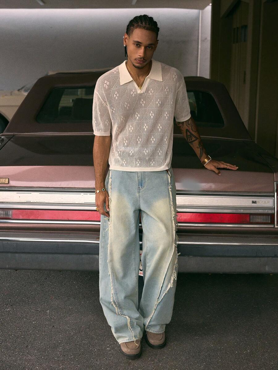 Fashionable Straight Loose Fit Patchwork Frayed Hem Men's Baggy Denim Jeans, Streetwear Style