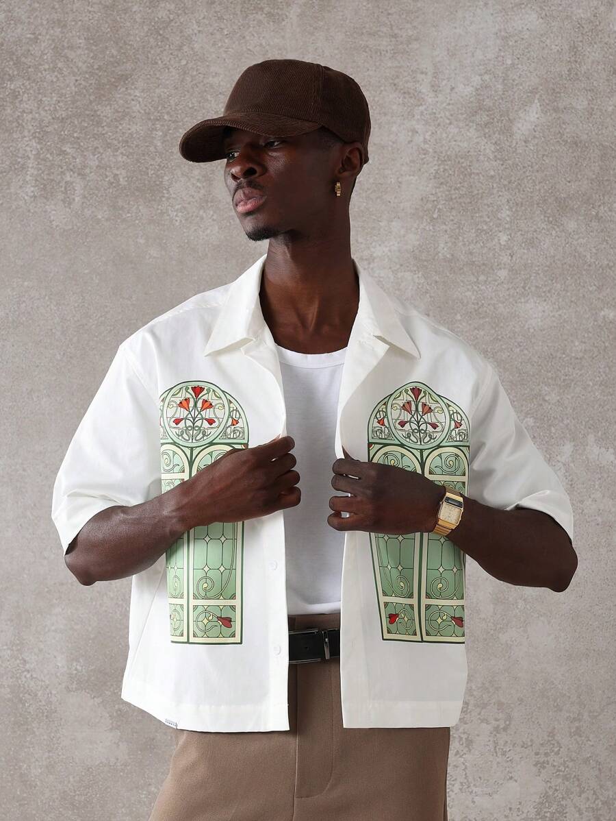 Premium Church Window Graphic Print Short Sleeve Button Down Bowling Shirt