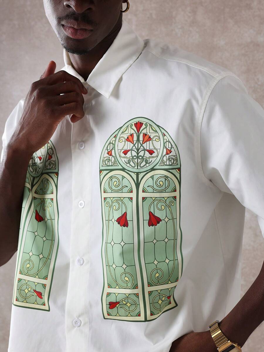 Premium Church Window Graphic Print Short Sleeve Button Down Bowling Shirt