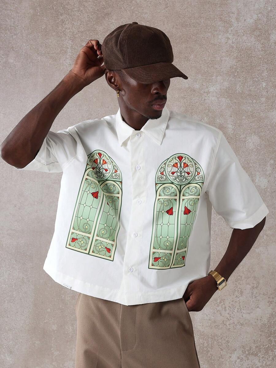 Premium Church Window Graphic Print Short Sleeve Button Down Bowling Shirt