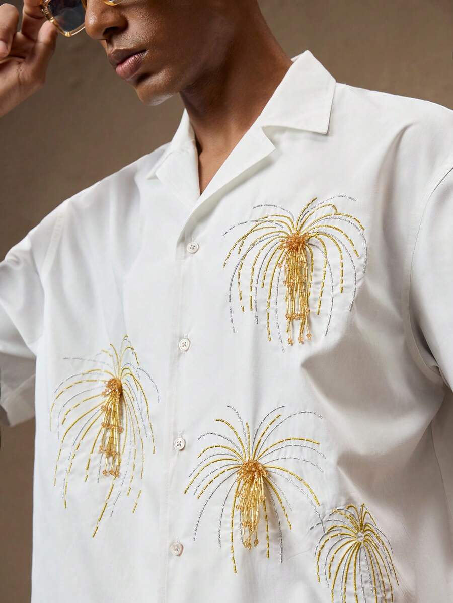 Business Casual Woven Floral Embroidered Drop Shoulder Shirt
