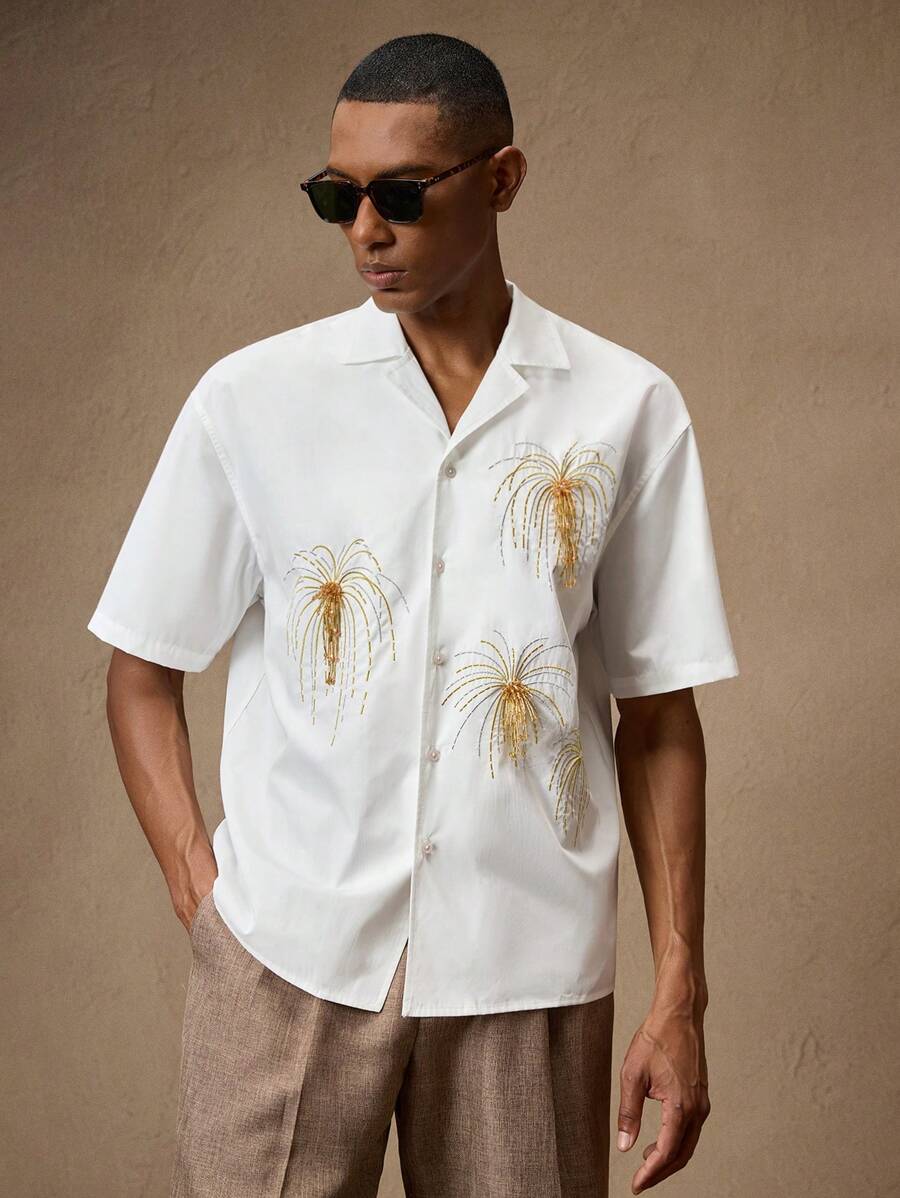 Business Casual Woven Floral Embroidered Drop Shoulder Shirt