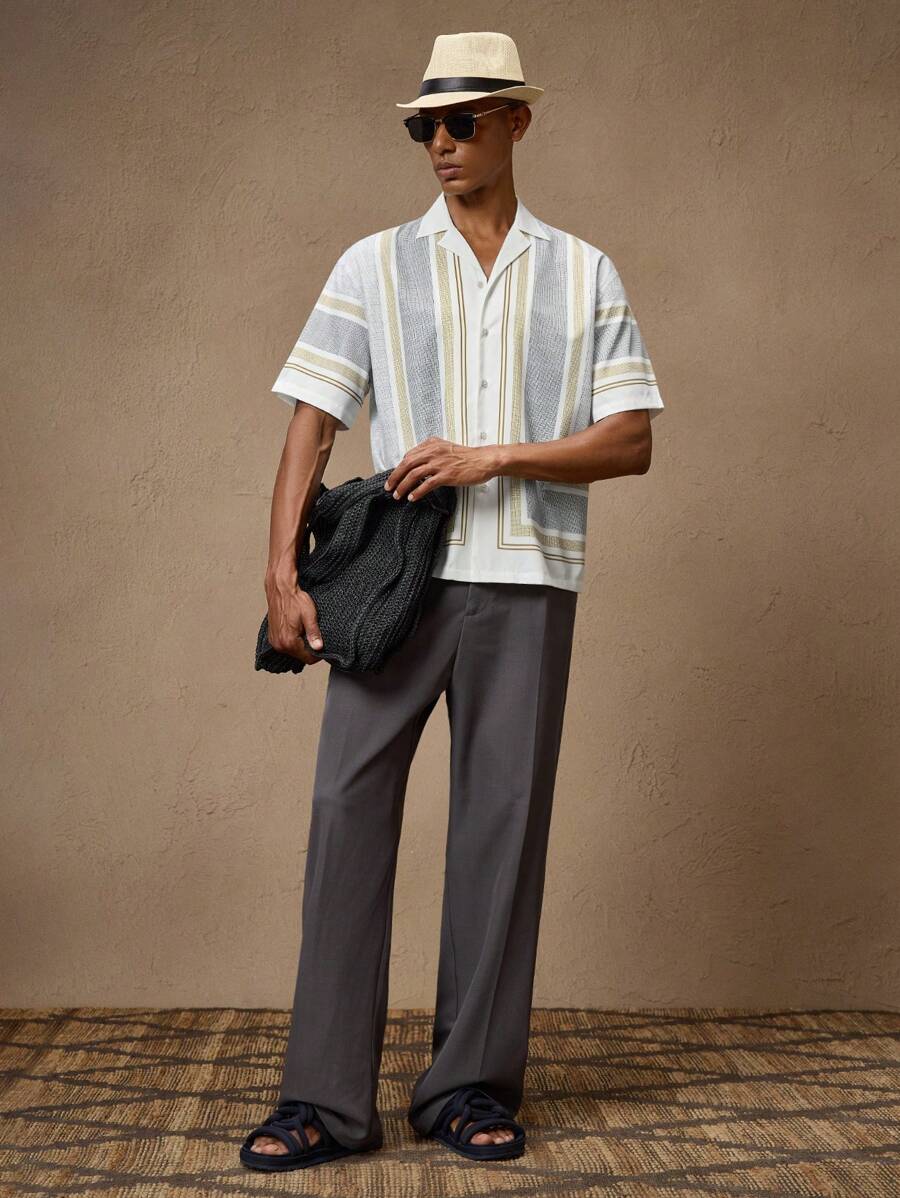 Business Casual Woven Floral Embroidered Drop Shoulder Shirt