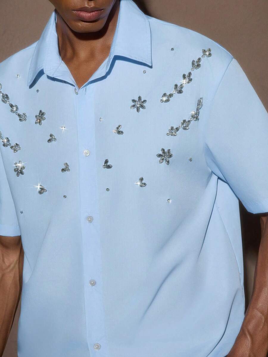 Business Casual Woven Floral Embroidered Drop Shoulder Shirt